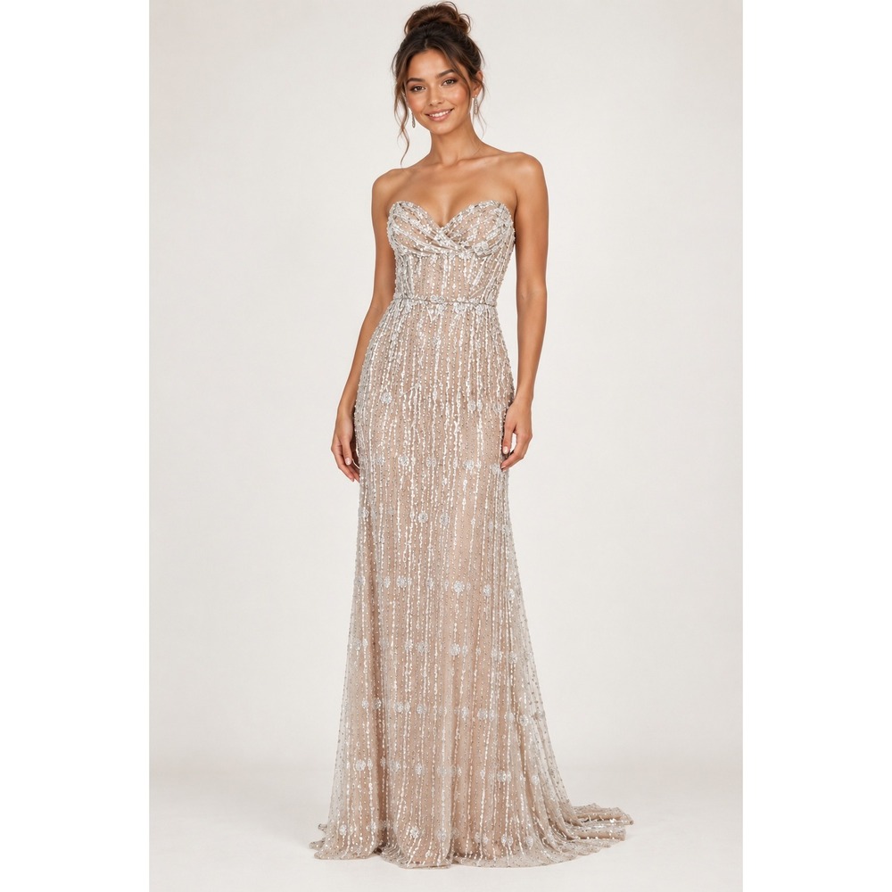 SHEIN Belle Strapless Sequin Pearl Embellished Evening Gown Champagne Silver S